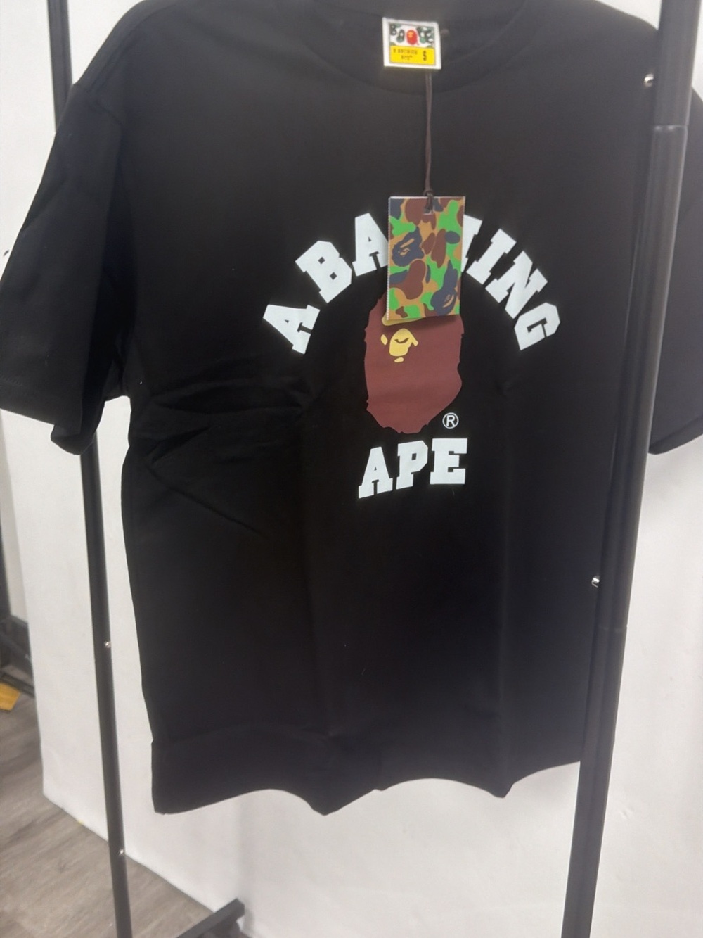 Bape Black Tee with White Arch Logo and Brown Ape Graphic